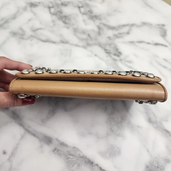 Authentic PRADA Saffiano Patent Leather Vernice Crystal Studded Flap Long Wallet - Picture 6 of 11